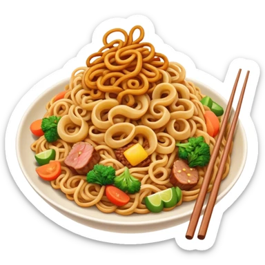 Cinematic Realistic Mie Goreng Dish Emoji, featuring stir‚Äêfried noodles with vegetables and meat rendered with dynamic textures and warm, appetizing lighting. sticker
