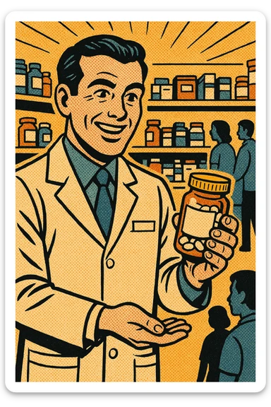 the full body of a A friendly modern day male pharmacist holding a jar of pills of  in his hand. In the background are shelves of other medications in the pharmacy with patients waiting to be served sticker