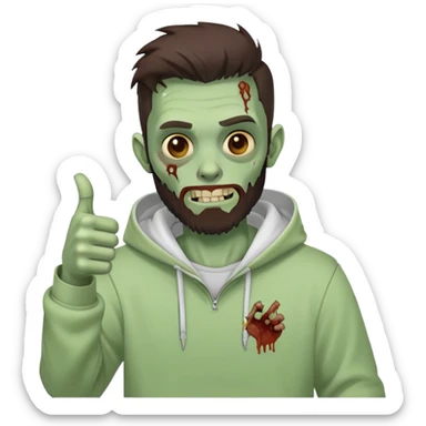 zombie with thumbs up gesture, undercut hairstyle with dark brown hair, short full beard, wearing plain white hoodie sticker