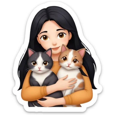 happy girl with black hair hugging three cats  (dark calico cat, gray cat, brown calico cat) sticker