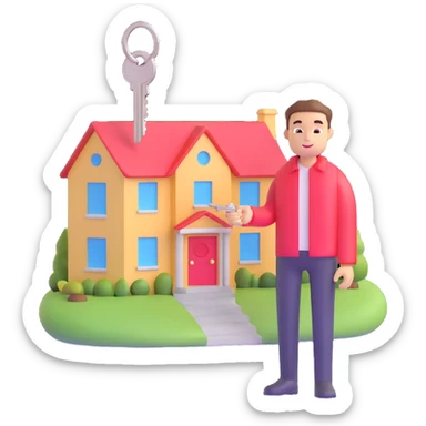 person holding a house key and standing by a house for sale sticker