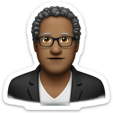 55 year old man overweight curly thinning hair white wearing black dress shirt black rim square glasses  sticker