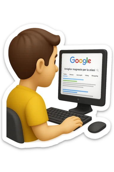 emoji stile iphone di un uomo davanti al pc che cerca di google: "Il miglior magnesio per la stipsi", iperrealistico 4k sticker