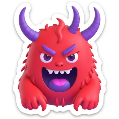 a sad but happy red monster with purple horns, 3D emoji style sticker
