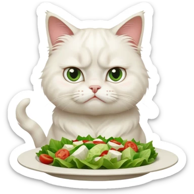 grumpy white cat sitting at a table, looking confused with its ears slightly back. In front of the cat is a plate with a salad with mouth a little open, and disagreement in the cat's face sticker