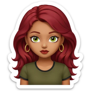 a pretty FAIR indian bratz girl with wavy dark red hair, wearing a black tee. eyeliner on, olive green eyes.  sticker