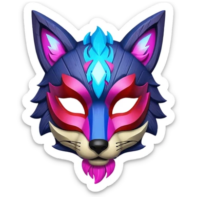 Ancient wooden mask, broken in half, luminous and neon with red, blue, and pink fox-like glow. Fragments of the mask scattered around. sticker