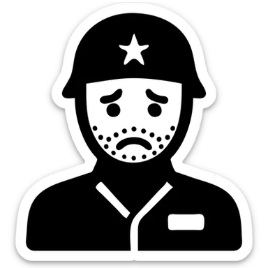 A white man with stubble in a soldier's uniform and a sad face sticker