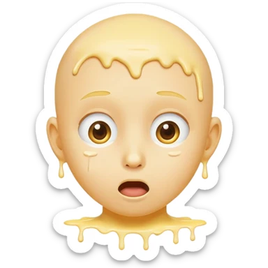 surprised face, classic emoji, 😮, yellow circular, genderless, hairless, white cream dripping from cheeks, white cream in mouth sticker