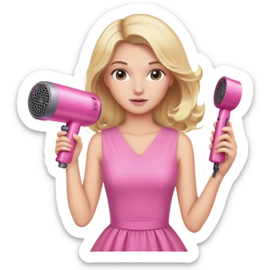 blonde woman in pink dress holding a pink Dyson hairdryer, hair blowing sticker