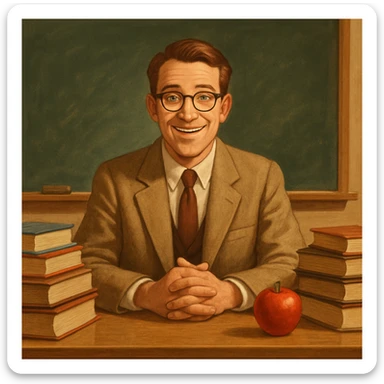 A teacher character at a desk, surrounded by books and an apple, welcoming expression, classic school vibe. sticker