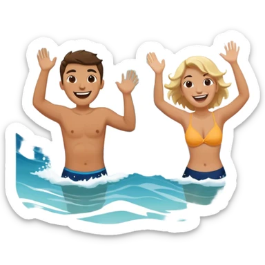 A person splashing water at their friend in the ocean, both laughing as the waves roll around them. The sun shines warmly above, capturing the joy of creating fun, embracing connection, and appreciating the moment with someone who makes life feel lighter.  sticker