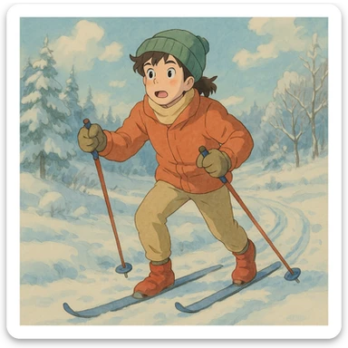 cross-country skier in Ghibli style, soft colors, expressive face, winter landscape, whimsical atmosphere sticker