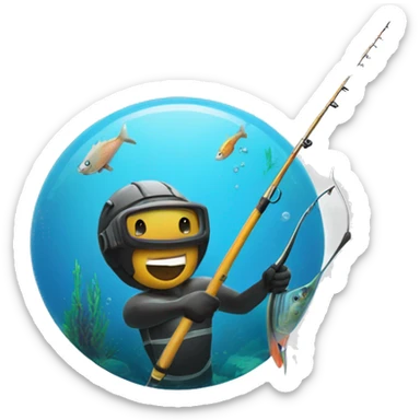 An emoji of a person spearfishing, holding a spear gun underwater, with fish swimming nearby, capturing the excitement of fishing sticker