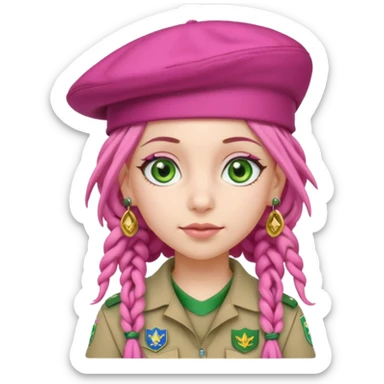 very pretty girl big green eyes, scout girl with pretty pink uniform, pink dreadlocks, and big earrings and scouts hat sticker