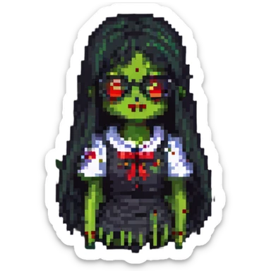 zombie girl with long black hair, bangs, and glasses, pixel art style sticker