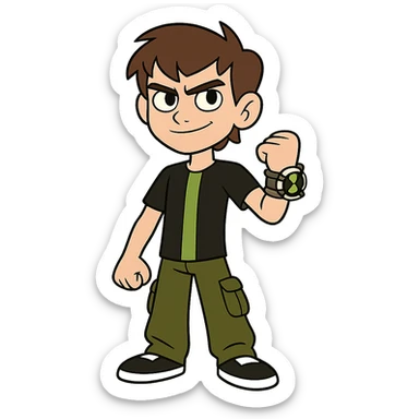 Ben 10 character in cartoon style, green and black outfit, Omnitrix on wrist, confident pose sticker