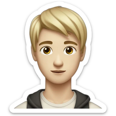 realistic teenager with white skin.  he has very black hair.  He has bangs to the right, his eyes are black, he also has a beige T-shirt, he is tall, he has an elongated neck and head sticker