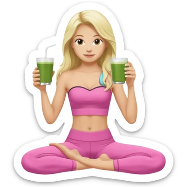 long haired blonde pilates instructor in pink drinking matcha in cute set with no straps sticker