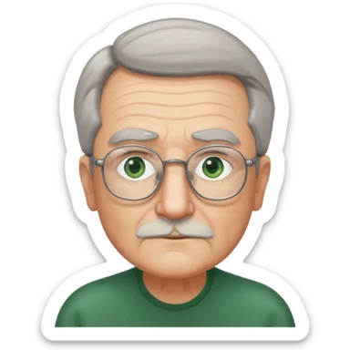 Old man with receding hair, grey hair only on the sides, green eyes, rectangular reading glasses, rounded face sticker
