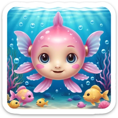 extremely cute, detailed underwater creature, shiny plastic look, huge sparkling eyes with highlights, tiny body, friendly smile, rosy cheeks, fine textures, soft pastel colors with bright accents, small accessories like hearts or bows, detailed shading and highlights sticker