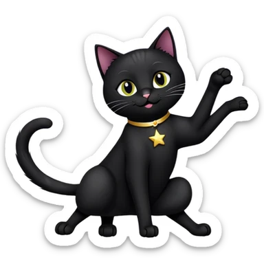A black cat mid-stretch with exaggerated paw reach and a smug face, framed with playful stars and sparkles sticker