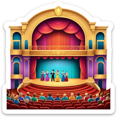 An icon showing a grand theater stage with actors performing in a vibrant play, surrounded by dramatic lighting. The audience watches from colorful balconies, adding to the lively atmosphere. The design captures the magic of live theater, set against a transparent background. sticker