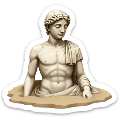 Sunken ancient Greek statue partially buried in sand, underwater with bubbles, partial head and torso of classical statue sticker