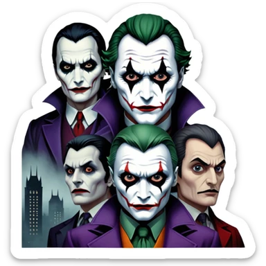 Thriller Movie Icon: A dark, intense collage with close-up images of iconic thriller characters like 1 Joker, 1 Hannibal Lecter, and 1 Vlad Dracula. The background features a moody Gotham City skyline, with shadowy figures and fog. Atmospheric, suspenseful tone. Transparent background. sticker