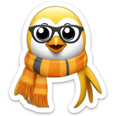 yellow penguin with black glasses blonde hair with orange tshirt and gray striped scarf sticker