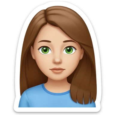 Adult woman avatar, light skin tone, oval face, straight long brown hair, green eyes, neutral mouth, sky blue top sticker