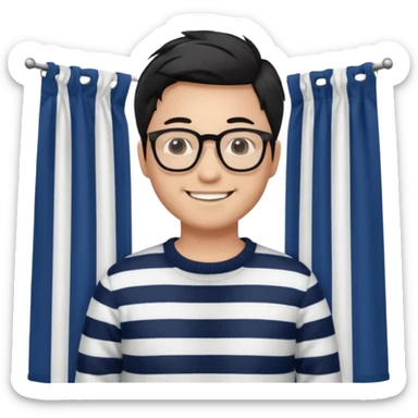asian man with black curtains styled hair in striped sweater standing smiling and in glasses sticker