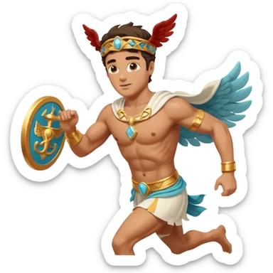 a guy (hermes) running with his caduceus and a petasos on his head in a greek tunic sticker