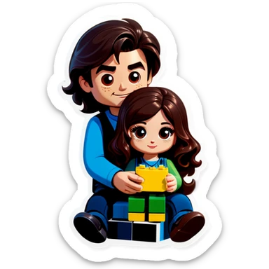 A handsome young man with dark hair, a little heavy sits with his girlfriend with cascading, dark brown hair, flowing down her face as they sit together playing Legos sticker