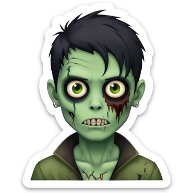 brunette zombie boy with horror green skin and long black messy hair sticker
