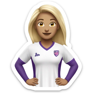 a blonde woman in white soccer jersey with purple pinstripes sticker