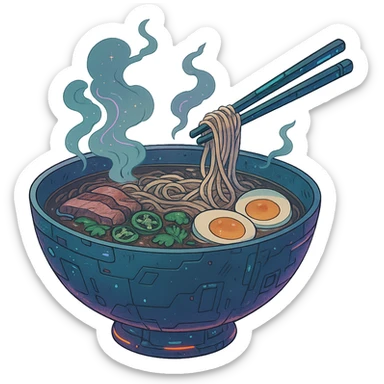 cyberpunk futuristic, space scifi, a bowl of delicious pho, ramen, piping hot sticker
