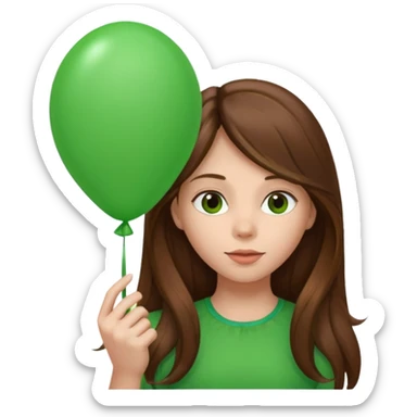 girl with long brown hair, holding green balloon sticker