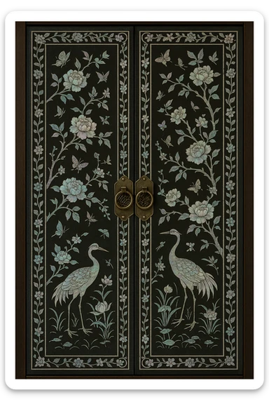 traditional Korean door decorated with mother-of-pearl lacquerware art, glowing mother-of-pearl pieces on dark background, delicate and artistic atmosphere sticker