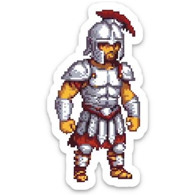 a gladiator in a dramatic pose, pixel art style sticker