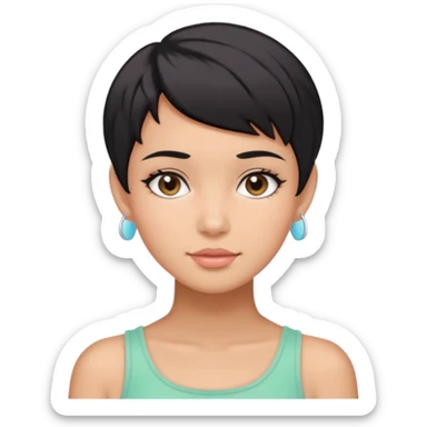 tan girl with black hair & a pixie cut no earrings doing cute pastel colors skin care sticker