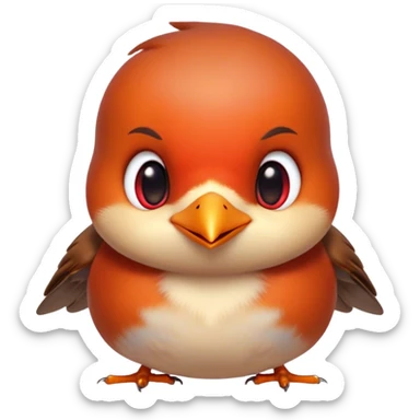 Cinematic Cute Robin Portrait Emoji, Head tilted playfully and inquisitively, featuring a charming, petite form with a vibrant red breast, round, sparkling eyes full of gentle mischief, and a delicate, beak-like smile, Simplified yet irresistibly adorable features, highly detailed, glowing with a warm, inviting glow, high shine, affectionate and lively, stylized with a touch of whimsical woodland charm, soft glowing outline, capturing the essence of a mischievous yet endearing robin that seems as if it could sing out of the screen into your heart! sticker