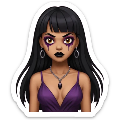 vampira gótica parda zumbi de cabelo longo e preto e franja e roupa com decote e batom preto e sobrancelha grossa sticker