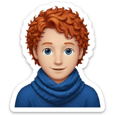 emoji of a young gentleman, curly red hair, wearing a sweater and scarf, warm smile sticker