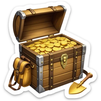 An icon showcasing a treasure chest filled with gold, a treasure map rolled up beside it, a backpack and shovel ready for the next adventure. The design captures the essence of treasure hunting, exploration, and excitement, set on a transparent background to emphasize the thrill of discovery. sticker