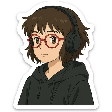 ghibli style tan brunette girl with a short wolf haircut, round ruby glasses, black headphones, and a black hoodie sticker