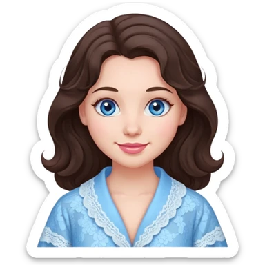 a girl with dark brown wavy hair just below her shoulders, with blue eyes, full lips, pink cheeks, plump skin, in a lace blue robe with a smile. sticker