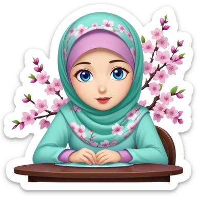 Turkish beautiful finish Konya girl blue eyes with cherry blossom floral purple and mint hijab islamic dress and with yummy Drooling face on the table sticker