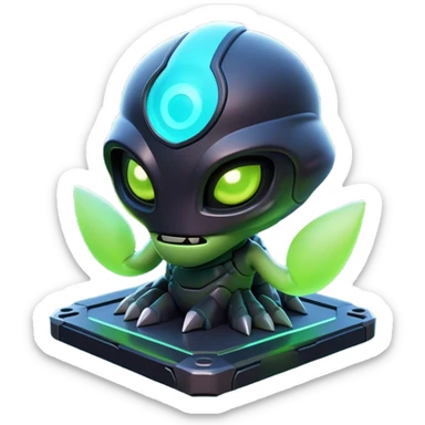 Clash of Clans aesthetic: Cinematic Playful 3D Isometric Alien Emoji, rendered in a 3D vector-style similar to standard emojis with minimal shading and bold, simplified shapes. A compact, distinct form with signature details, softly glowing with a futuristic sci-fi warfare charm. Simplified yet unmistakably iconic, highly detailed and consistent, glowing with a soft radiance and high shine. Stylized with a touch of high-tech brilliance and a soft glowing outline, capturing the essence of a beloved gaming relic with a friendly, playful manner! sticker