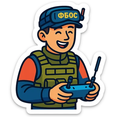 young man in tactical gear with a cap that says "ФБОС", holding a drone controller, wearing FPV goggles on his forehead, cheerful expression sticker